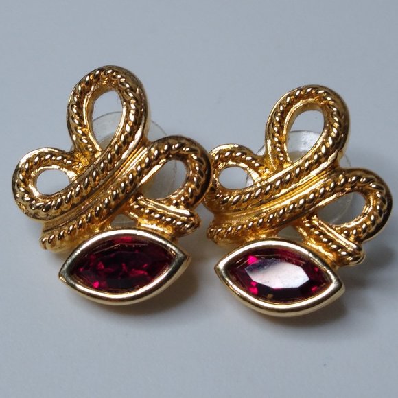 Vintage Marquise Faux Ruby Metal Earrings - Picture 1 of 16